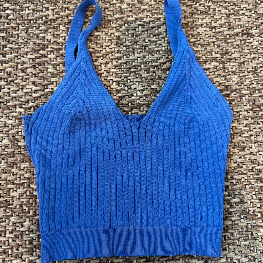 Blue Ribbed Knit Crop Top